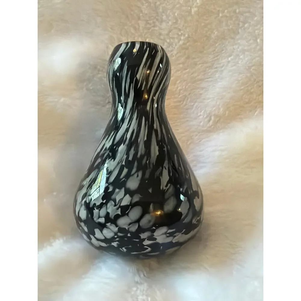 Vintage Black White Art Glass Bud Vase Hand Blown Confetti Speckled 4.5